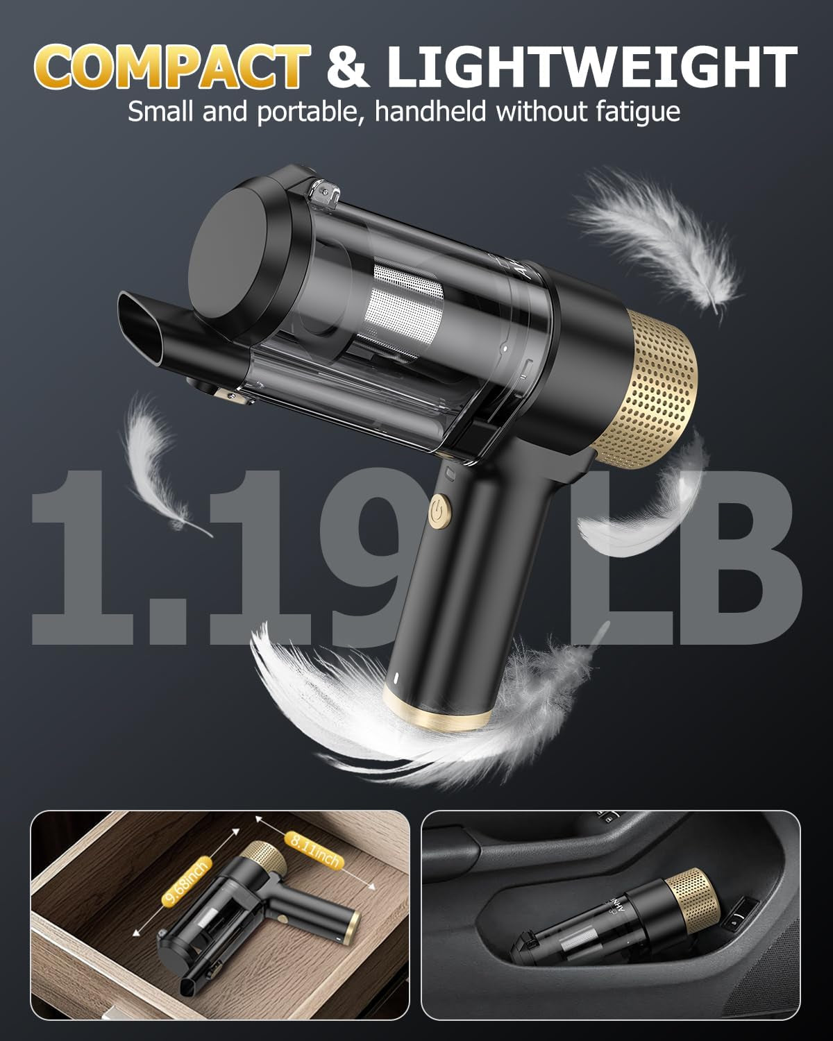 Handheld Car Vacuum Portable Cordless, 16000PA Hand Vacuum Cleaner
